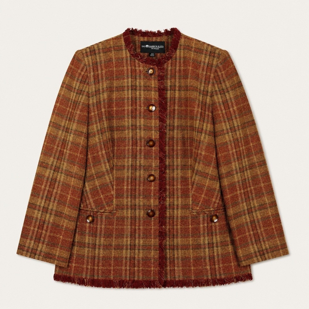 Sag Harbor Suit Plaid Tweed Blazer Brown/Red/Tan 14W Plus Long Sleeve 5-Button